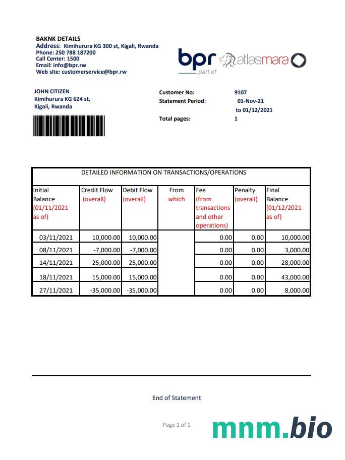 Szablon wyciągu bankowego Rwanda BPR w formacie Word i PDF